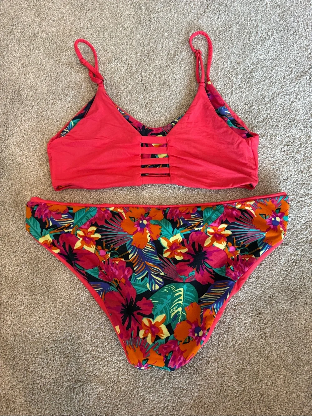 Mare Cheia Reversible Tropical Floral Bikini Set Coral Pink Women’s S/M Est